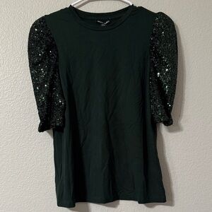 Hilary Radley Green Top with Sequin Sleeves